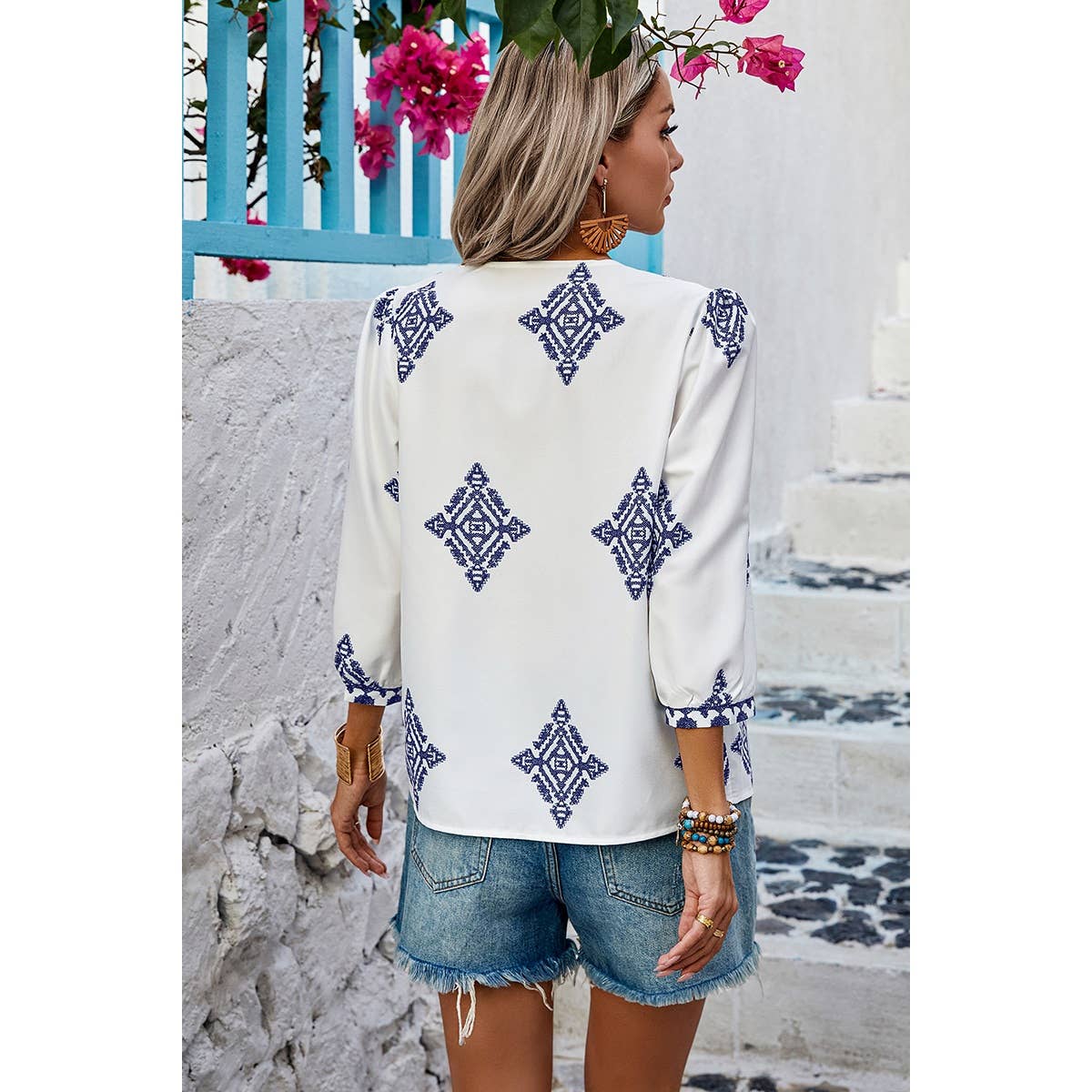 Printed T Shirt V Neck Loose Puff Sleeves Shirts