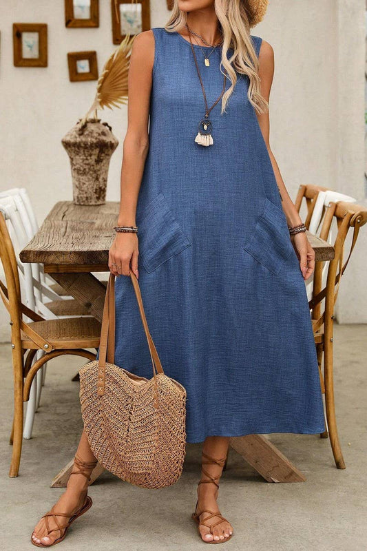 PULLOVER ROUND NECK SLEEVELESS POCKET MAXI DRESS